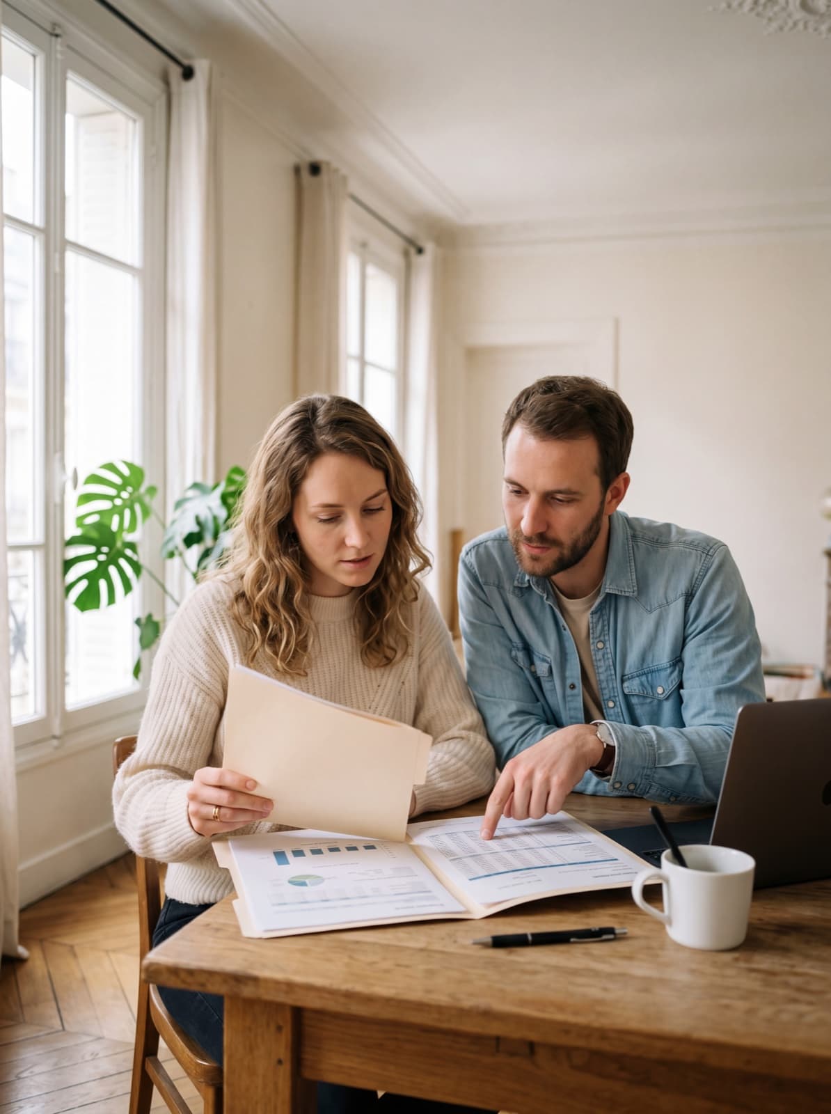 Couple analysant son dossier de prêt immobilier dans un appartement parisien lumineux